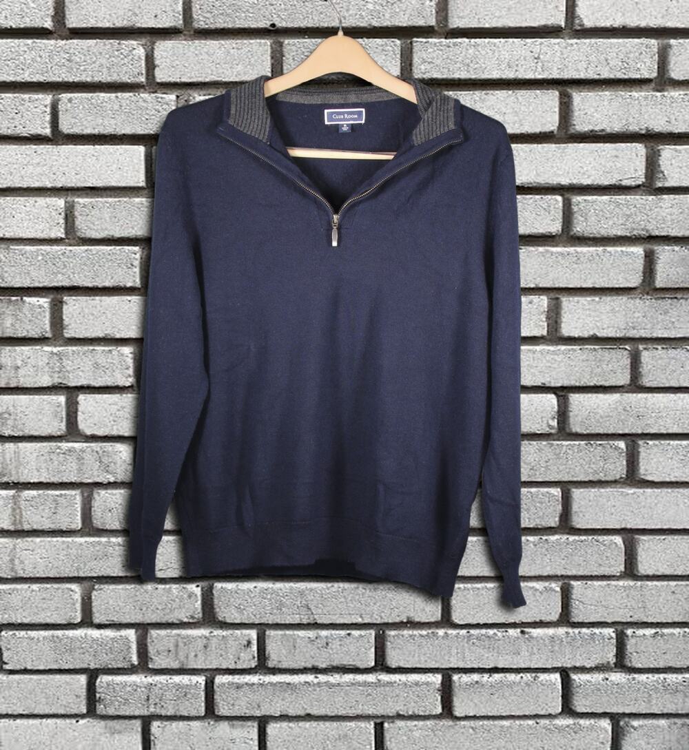 Club Room Men's Navy Blue 1/4 Zip Merino Wool Blend Pullover Sweater XL